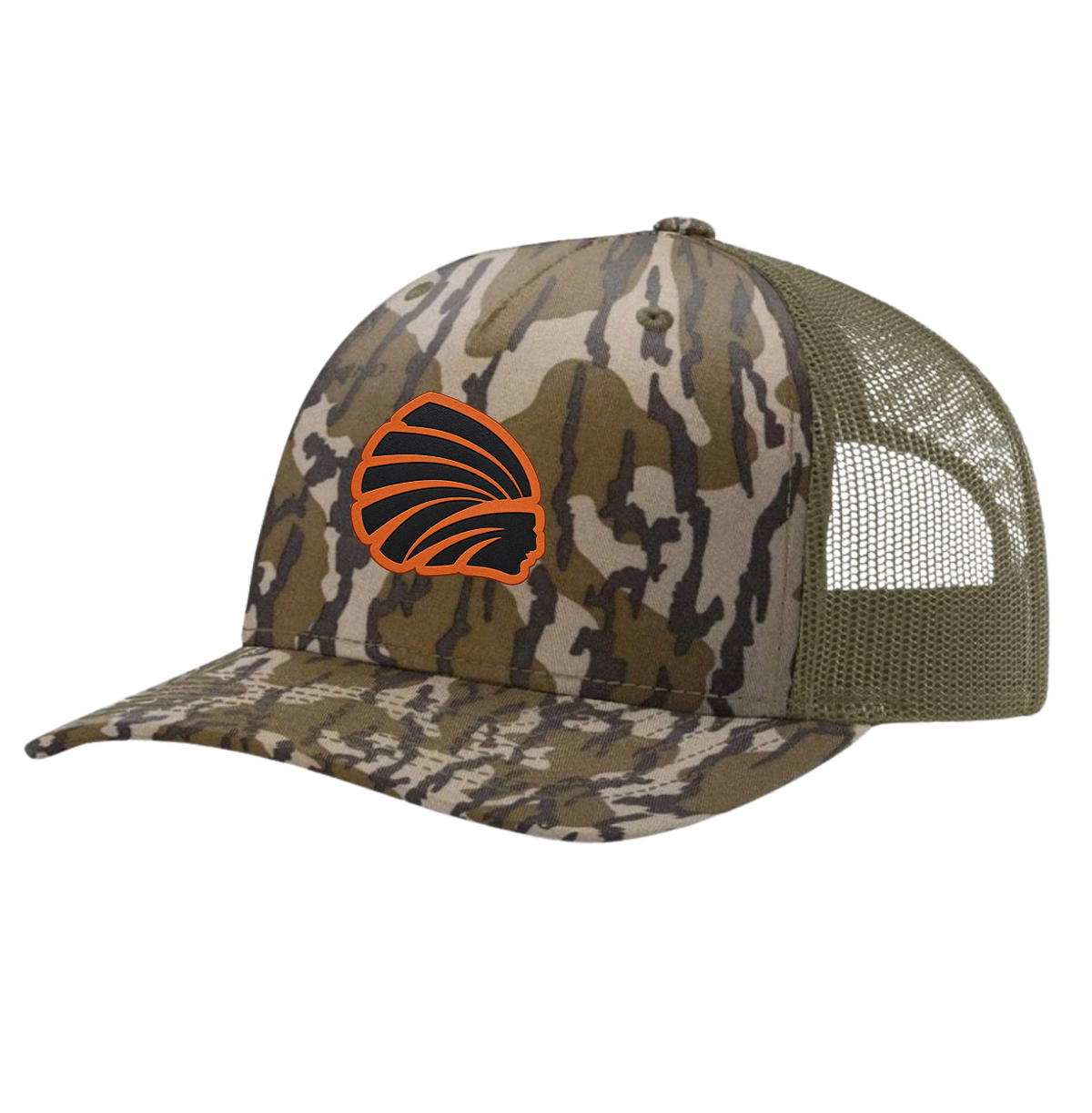 Bottomland 5-panel trucker hat with Orange leatherette patch