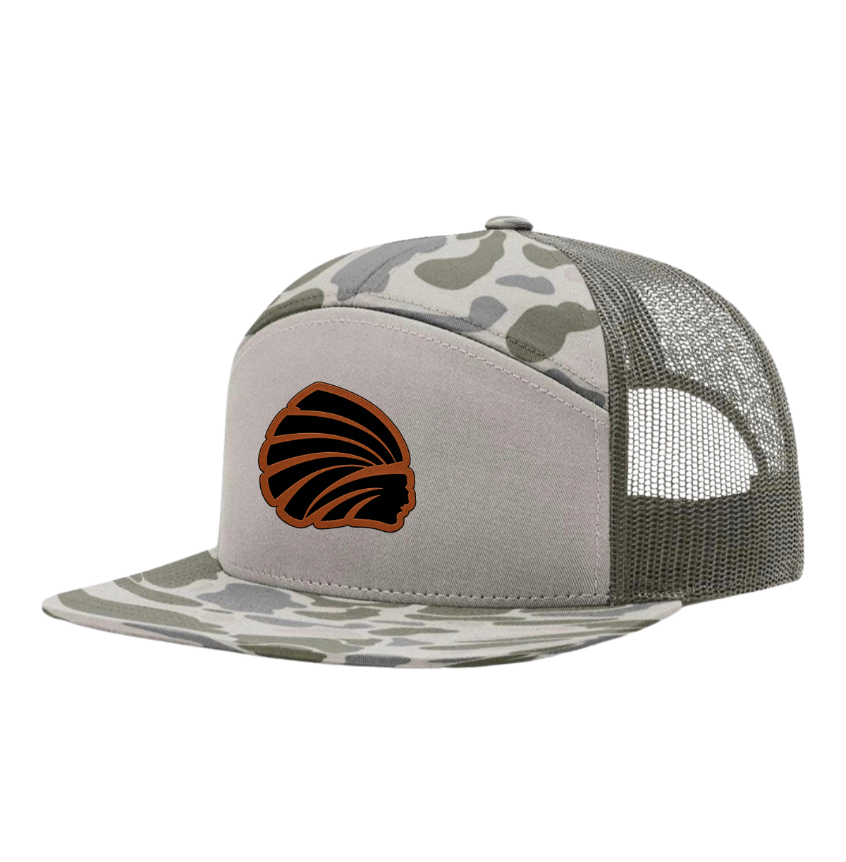 Marsh Duck Camo flat bill hat with Brown leatherette patch