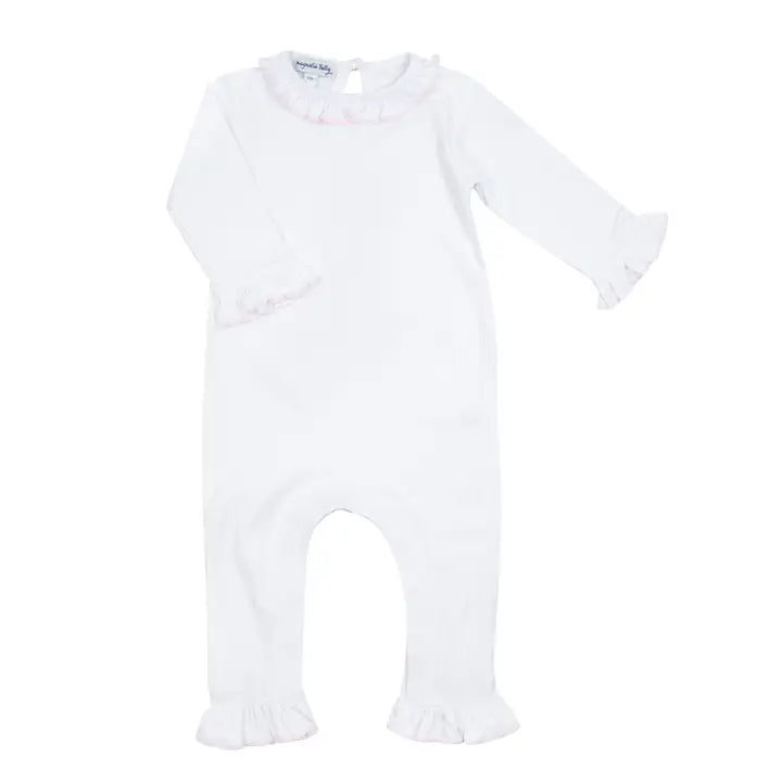 White Playsuit with Pink Trim Ruffle