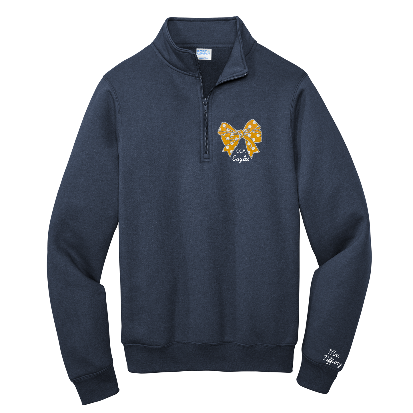 1/4 Zip Navy Sweatshirt with Embroidered Bow and Name on Sleeve