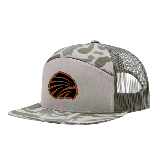 Marsh Duck Camo flat bill hat with Brown leatherette patch