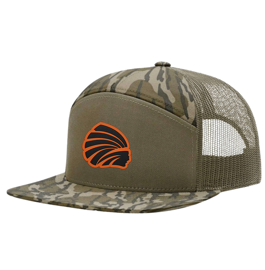 Bottomland flat bill hat with Orange leatherette patch